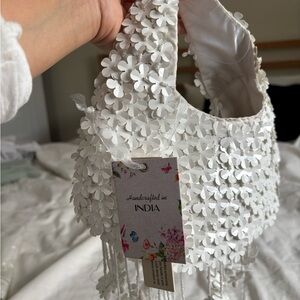 White Floral Embellished Tote Bag